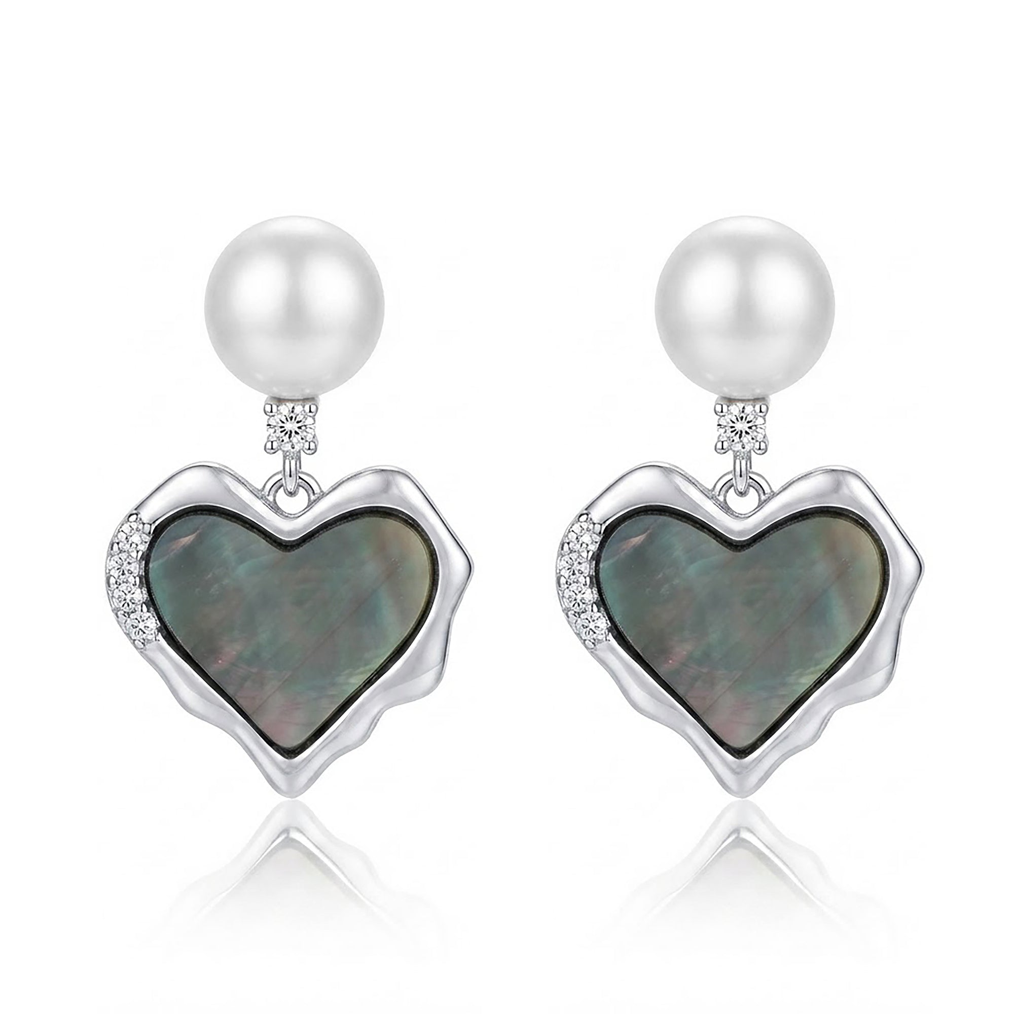 Silver Pearl Black Heart Dangle Earrings