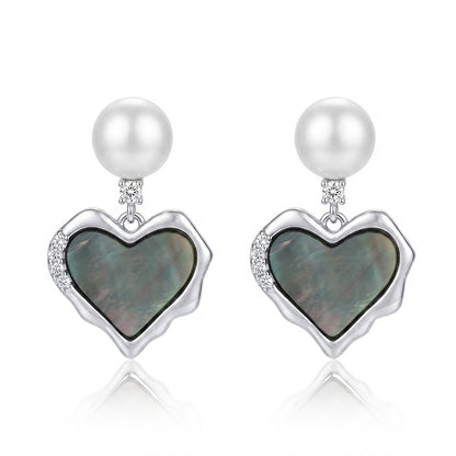 Silver Pearl Black Heart Dangle Earrings