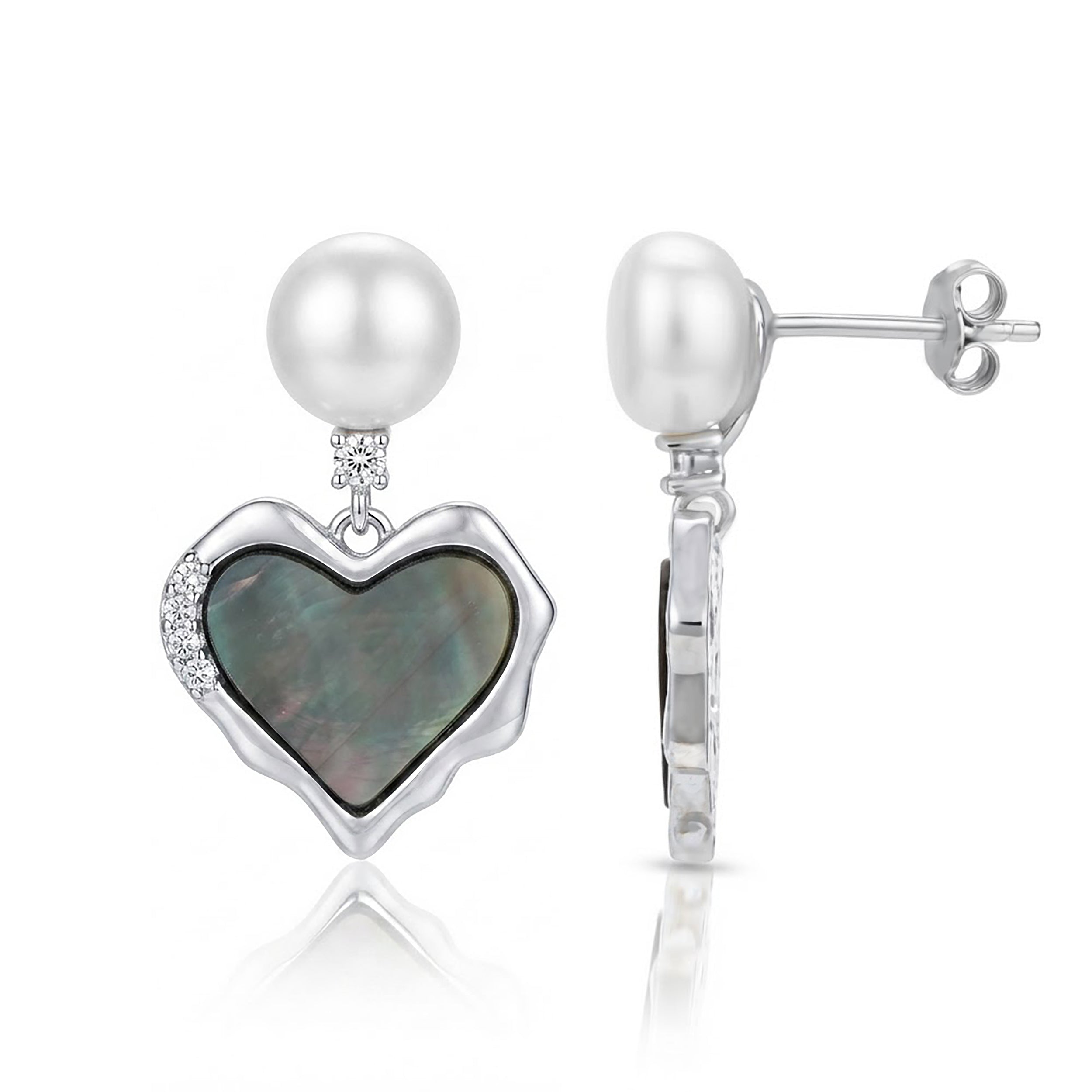 Silver Pearl Black Heart Dangle Earrings