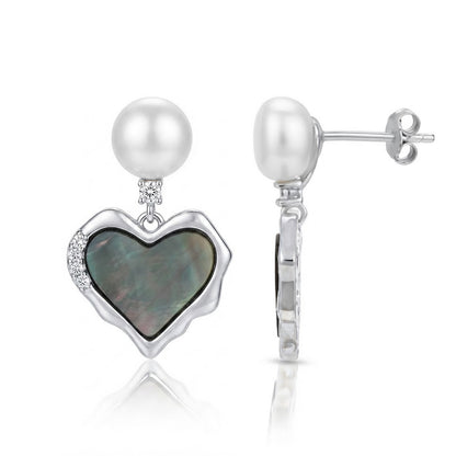 Silver Pearl Black Heart Dangle Earrings