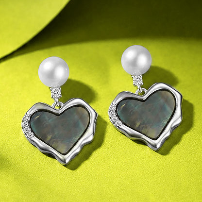 Silver Pearl Black Heart Dangle Earrings