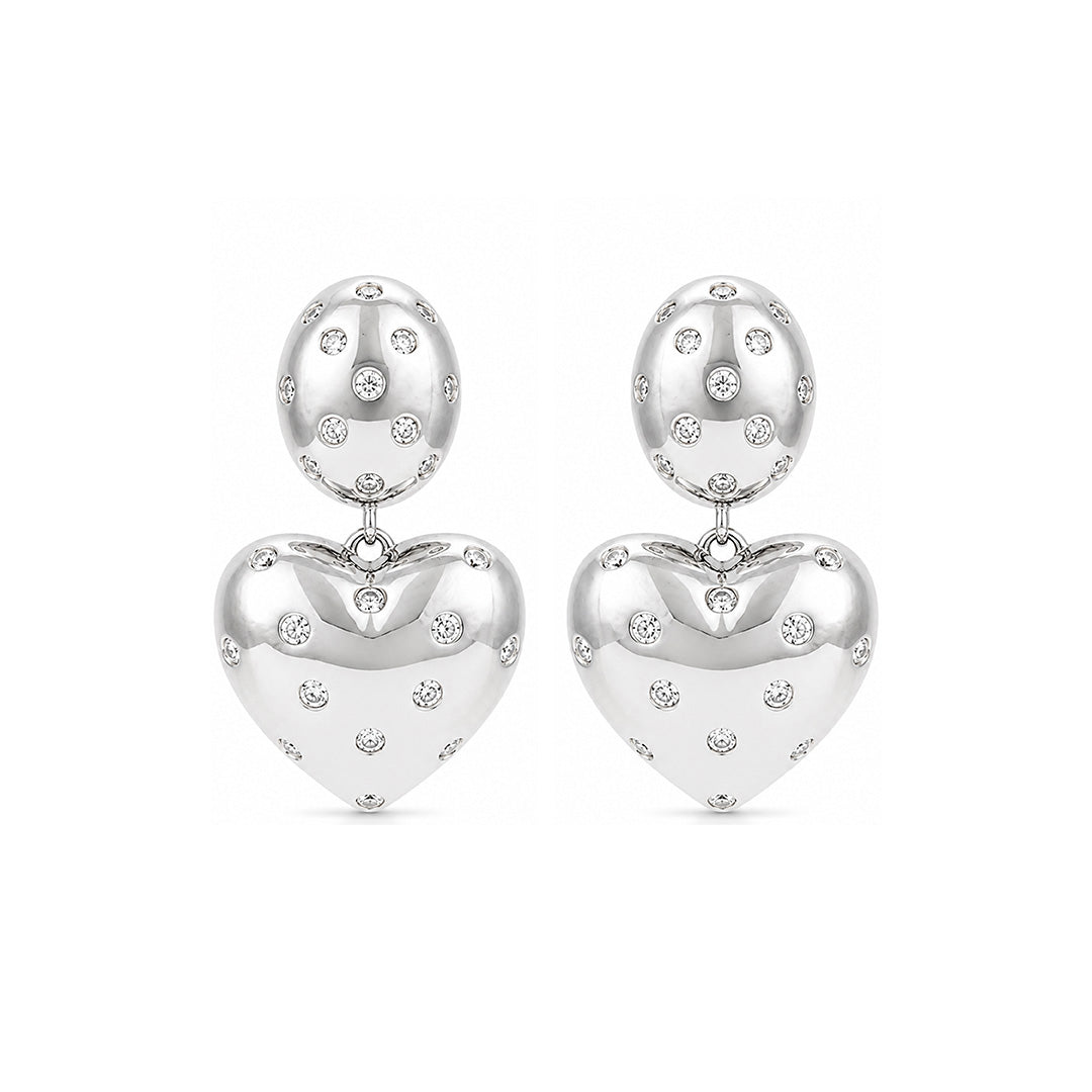 Silver Polka Dot Crystal Heart Drop Earrings