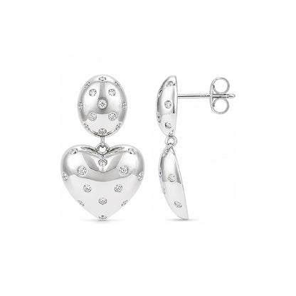 Silver Polka Dot CZ Heart Drop Earrings