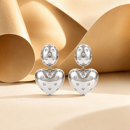 Silver Polka Dot CZ Heart Drop Earrings