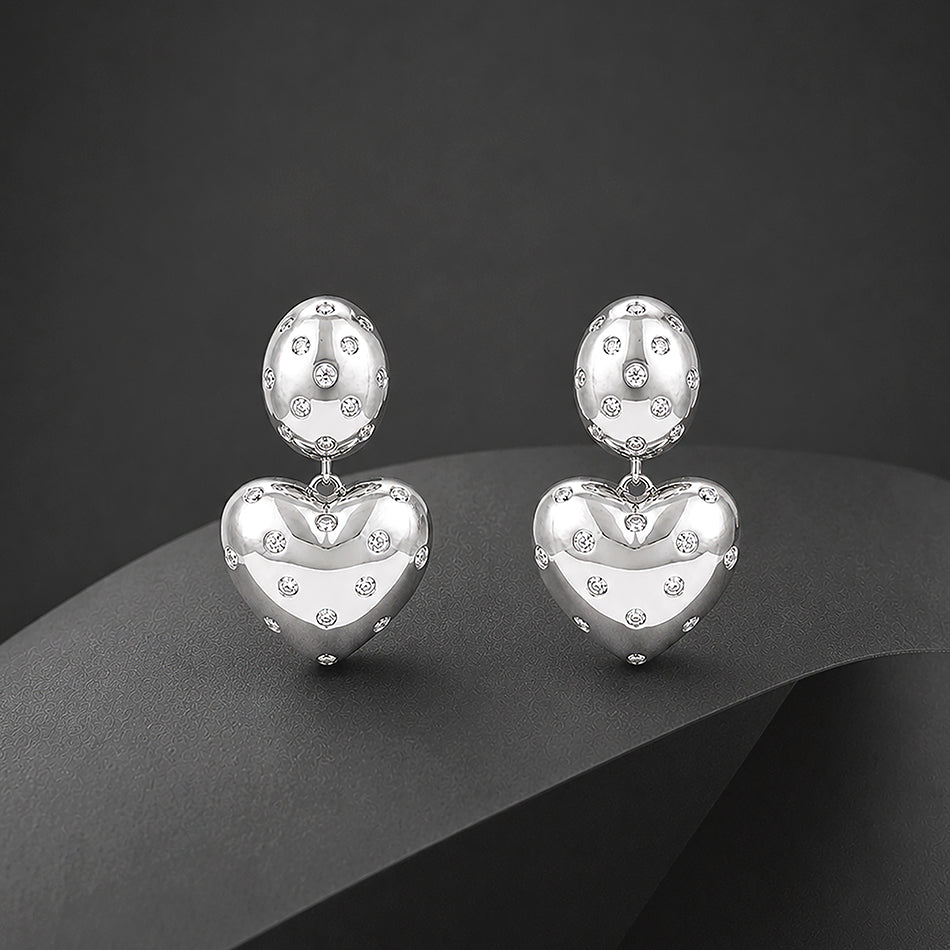 Silver Polka Dot Crystal Heart Drop Earrings