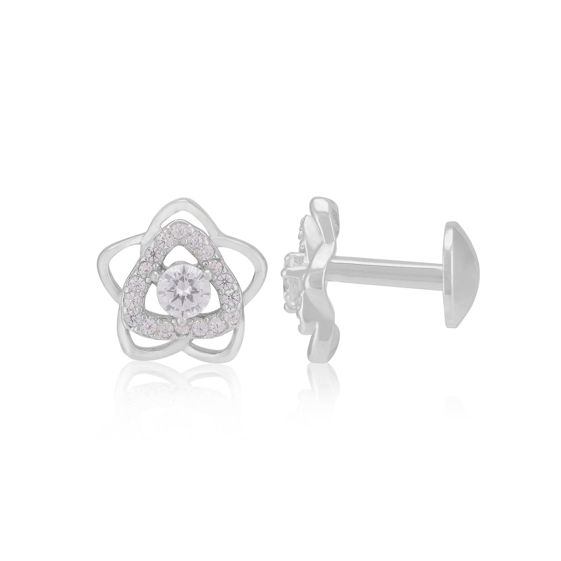 925 Sterling Silver Rhodium Bloom Flower Triangle Shaped Earring For Women