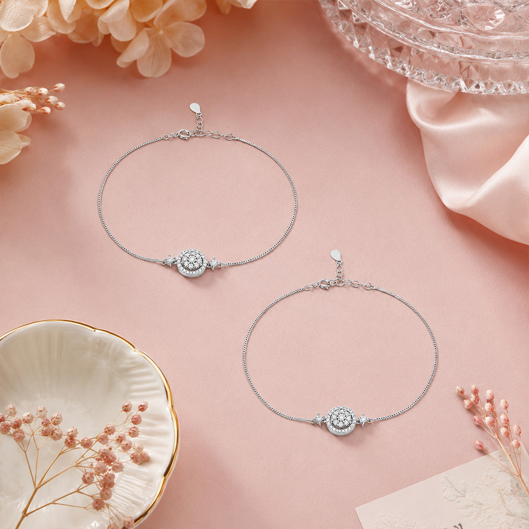 Silver Round Floral Crystal Anklets