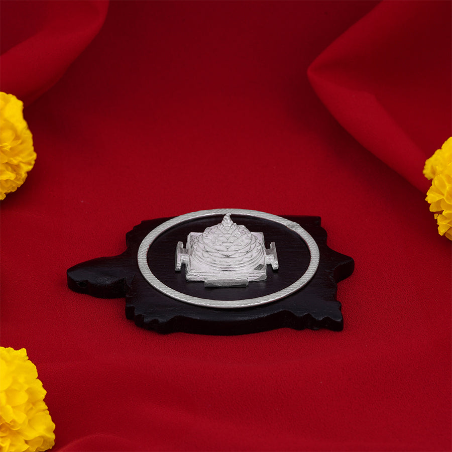 925 Sterling Silver Shree Yantra Idol Rosewood Tortoise Base for Pooja