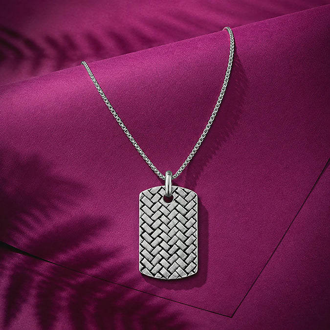 Silver Textured Weave Dog Tag Pendant