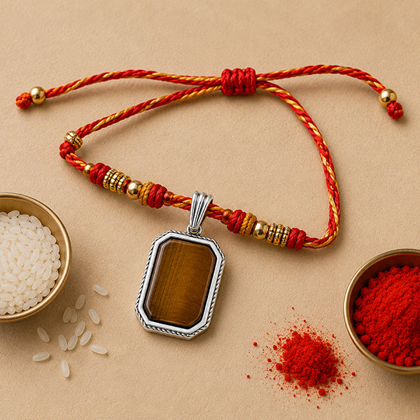 Silver Tiger Eye Gemstone Rakhi Pendant