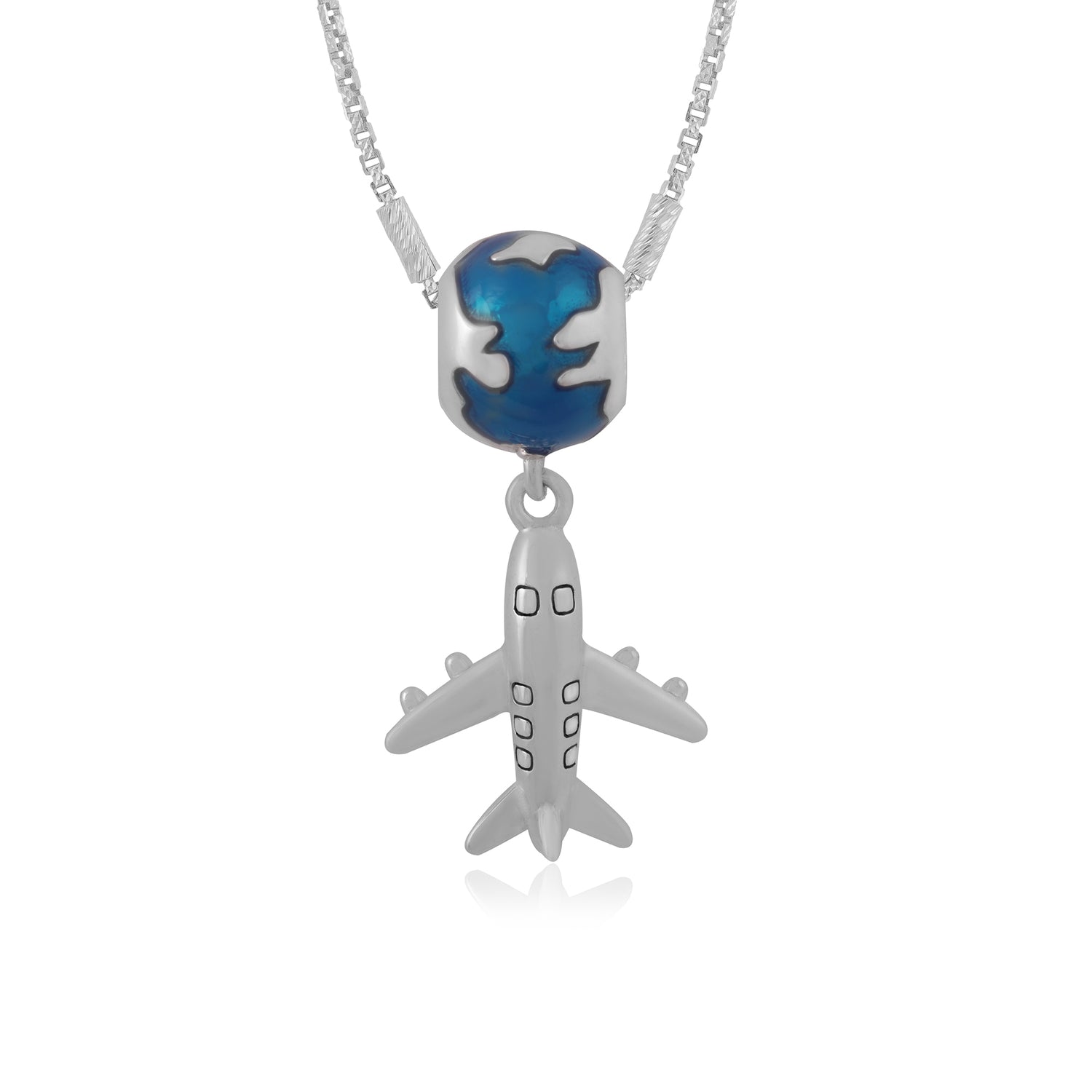 Sleek Aeroplane Rhodium Plated Blue Sphere Pendant