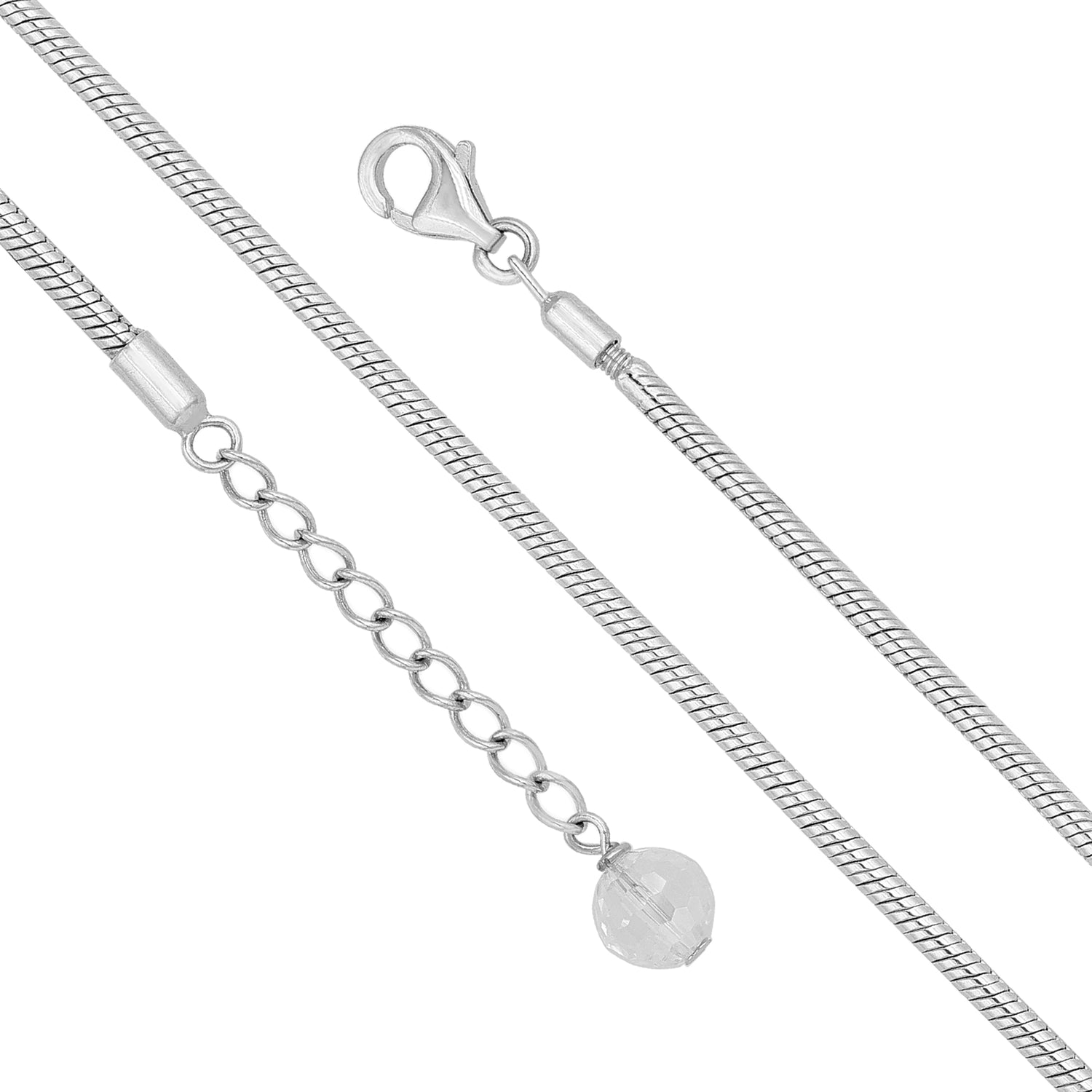 Silver chain necklace with a clear crystal pendant on a white background
