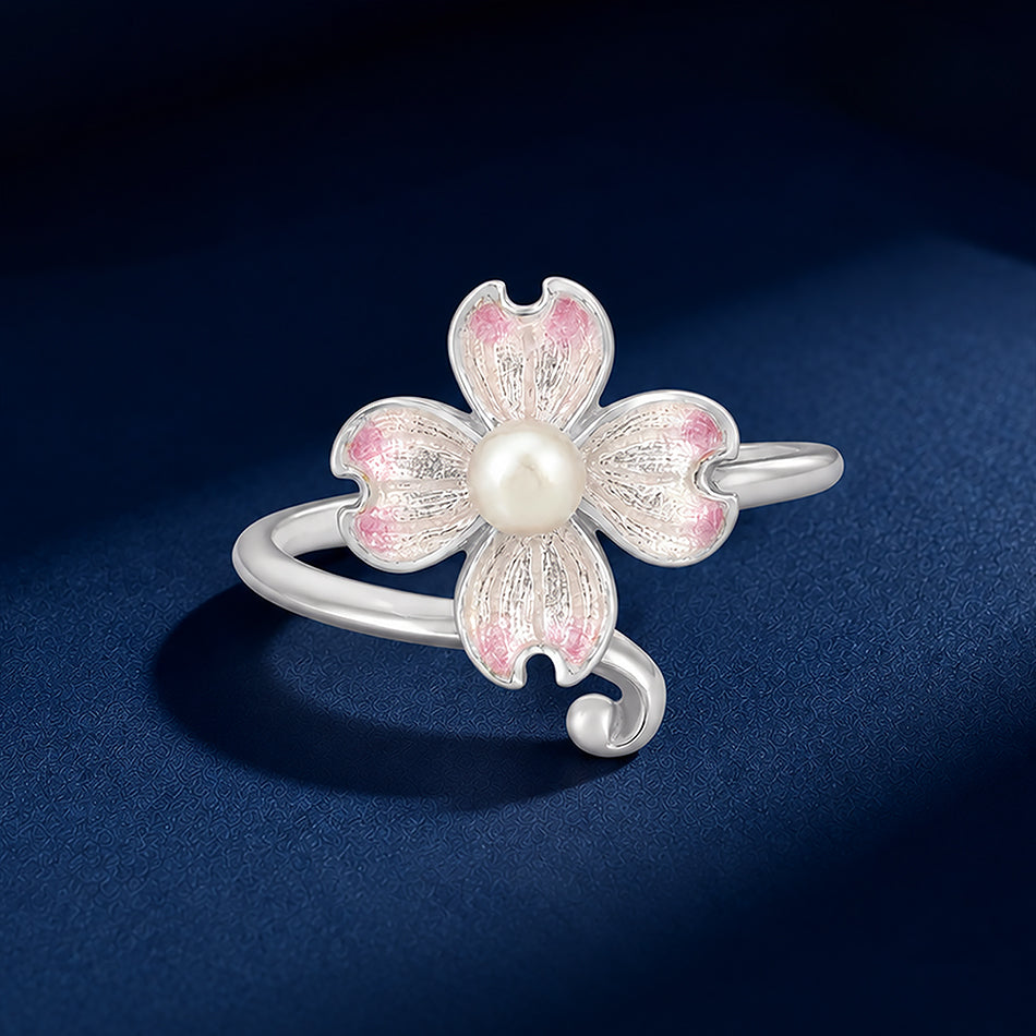 Soft Pink Bloom Rhodium Plated 925 Pearl Enamel Rings