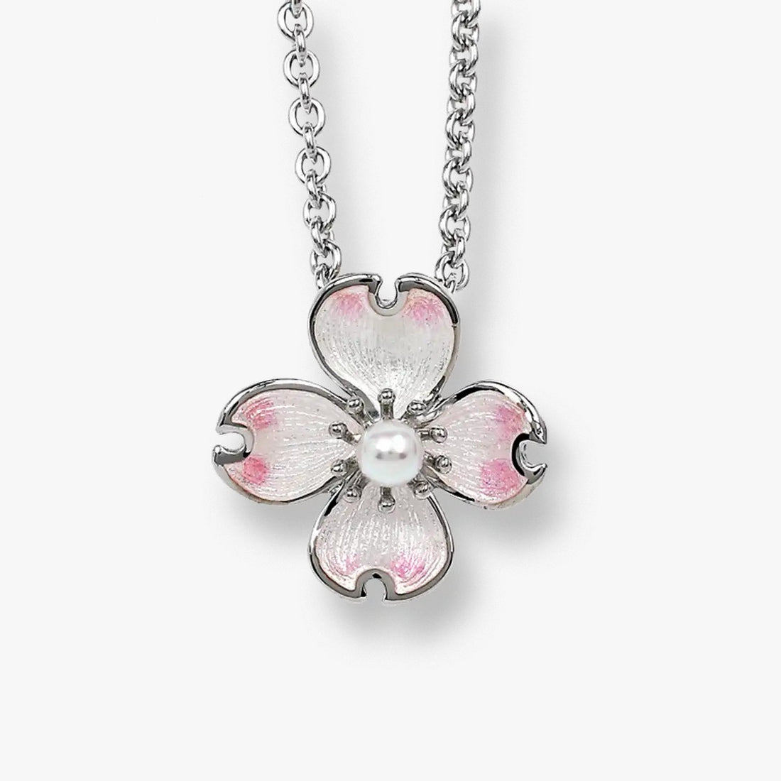 Soft Pink Bloom Rhodium 925 Pearl Enamel Pendant Chain