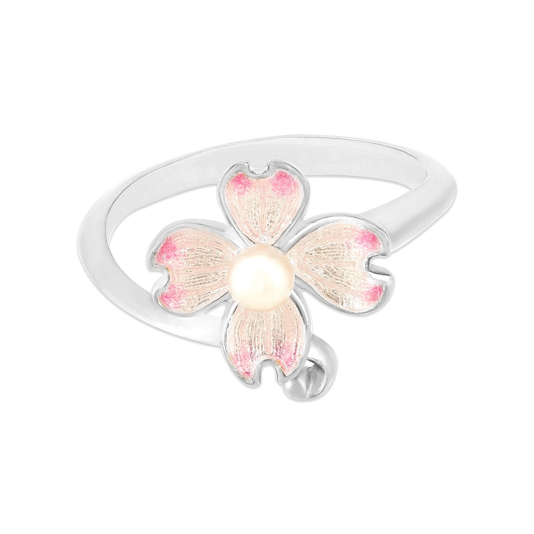 Soft Pink Bloom Rhodium Plated 925 Pearl Enamel Rings