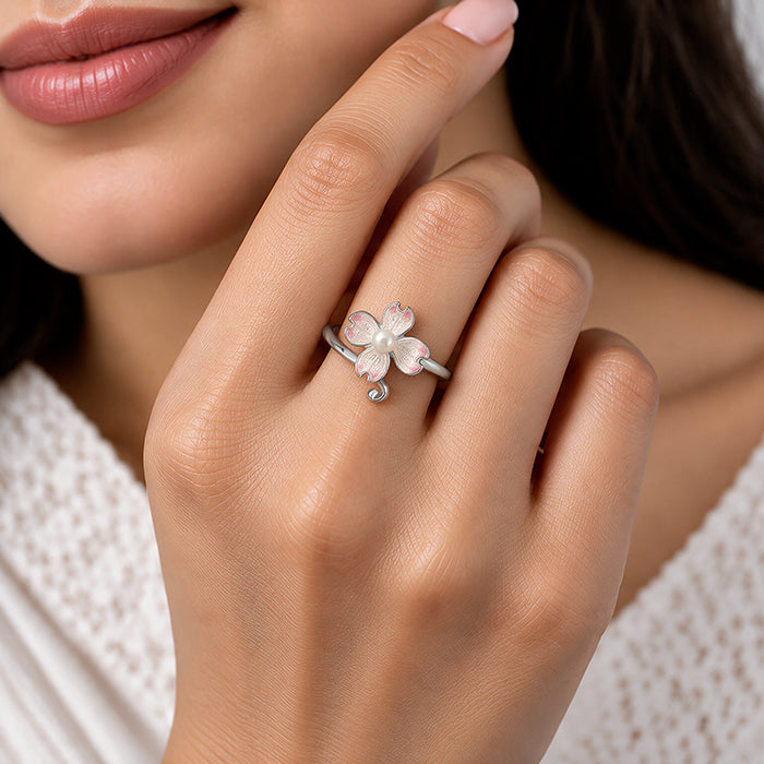Soft Pink Bloom Rhodium Plated 925 Pearl Enamel Rings