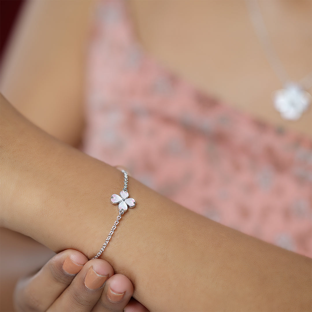 Soft Pink Bloom Rhodium Plated 925 Pearl Enamel Bracelets - Modal