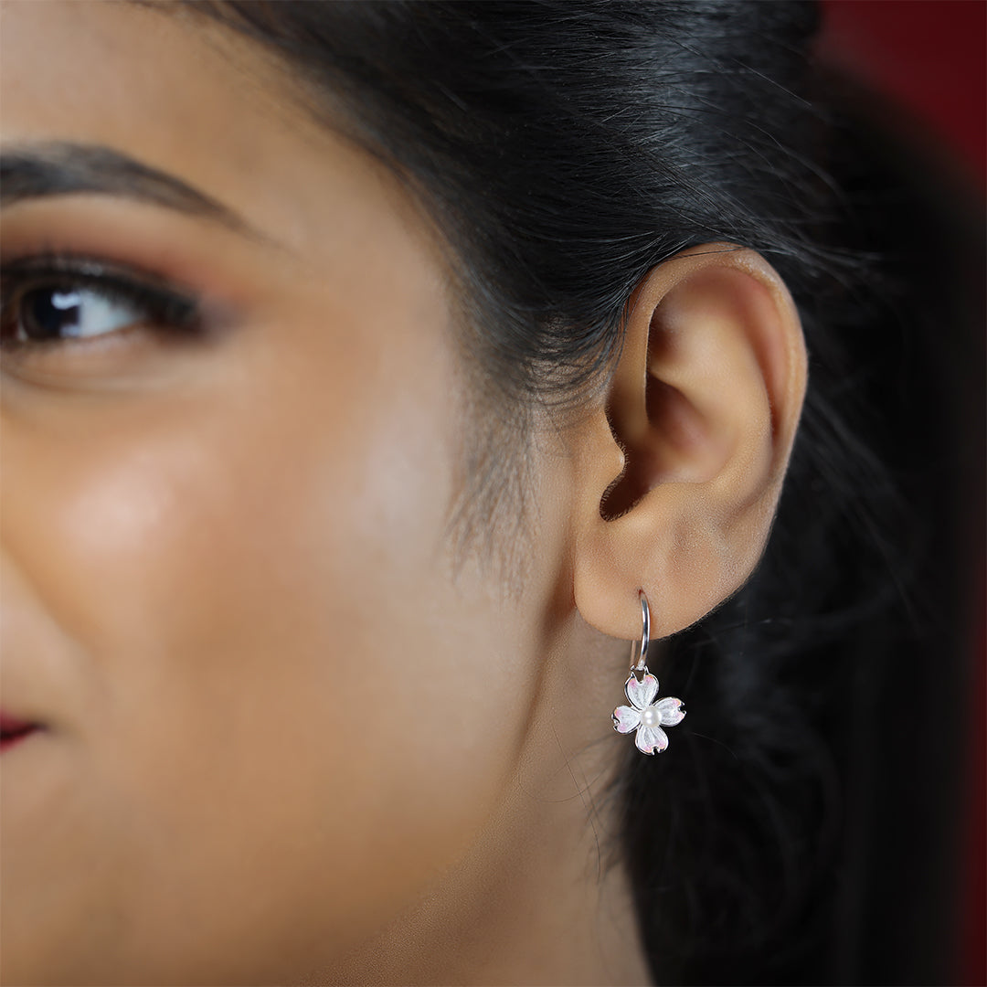 Soft Pink Bloom Rhodium Plated 925 Pearl Enamel Hook Earrings