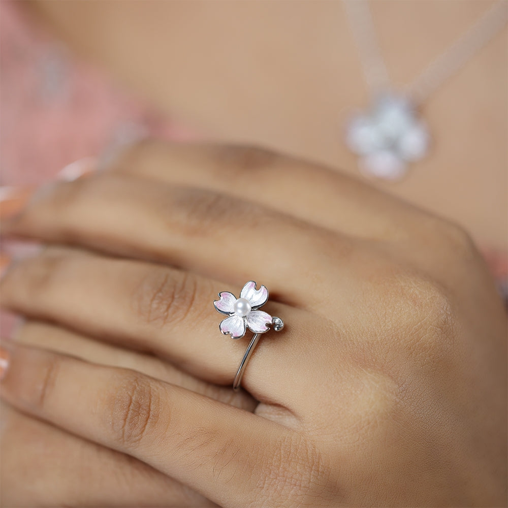 Soft Pink Bloom Rhodium Plated 925 Pearl Enamel Rings
