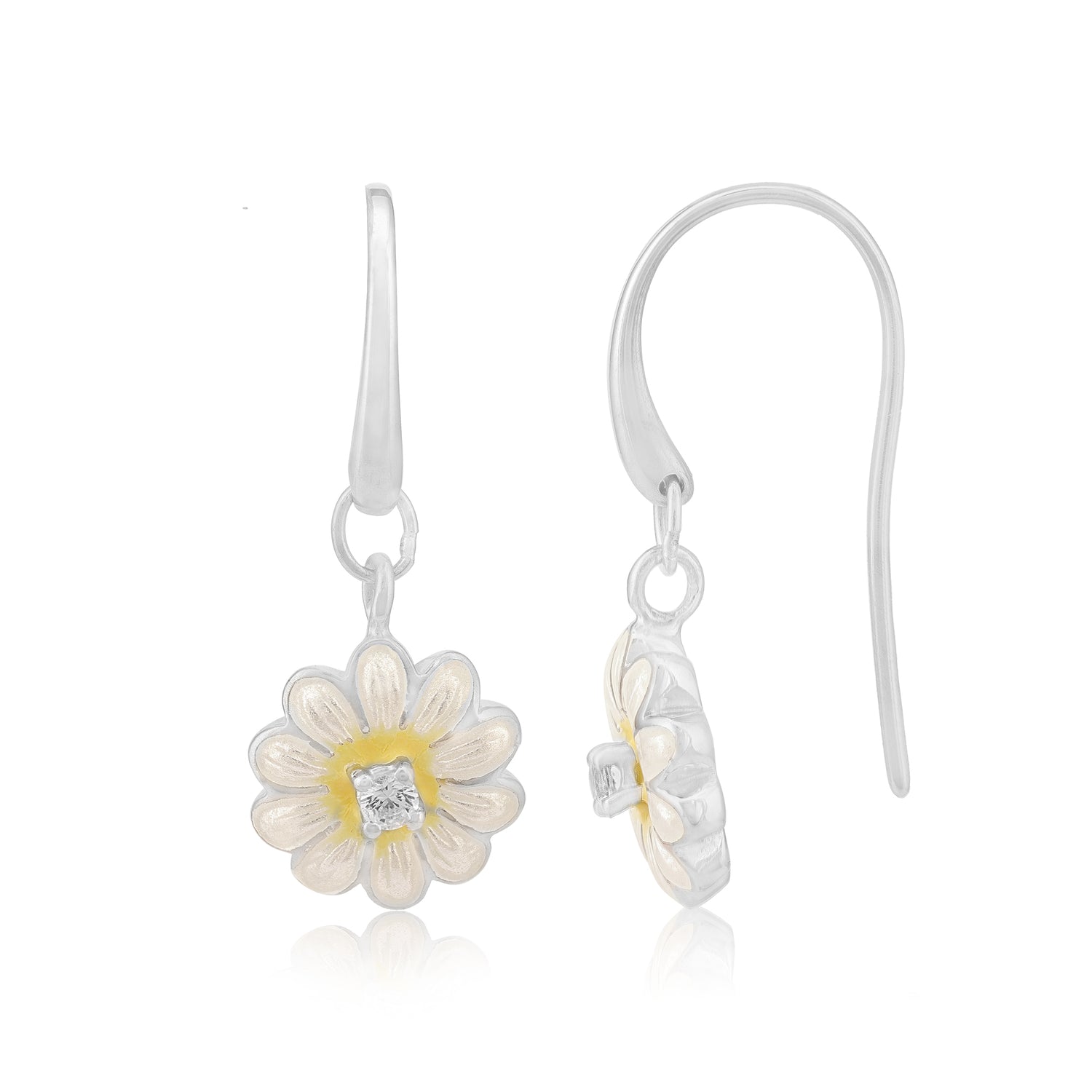 Solitary White Daisy 925 Rhodium Plated Hook Earrings