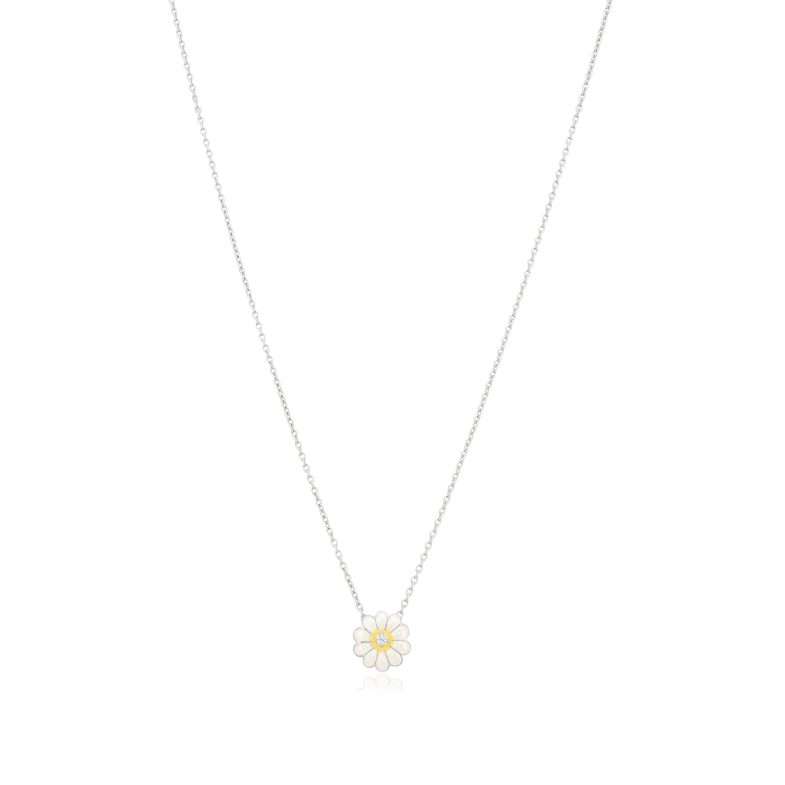 Solitary White Daisy Rhodium Plated Chain Pendants