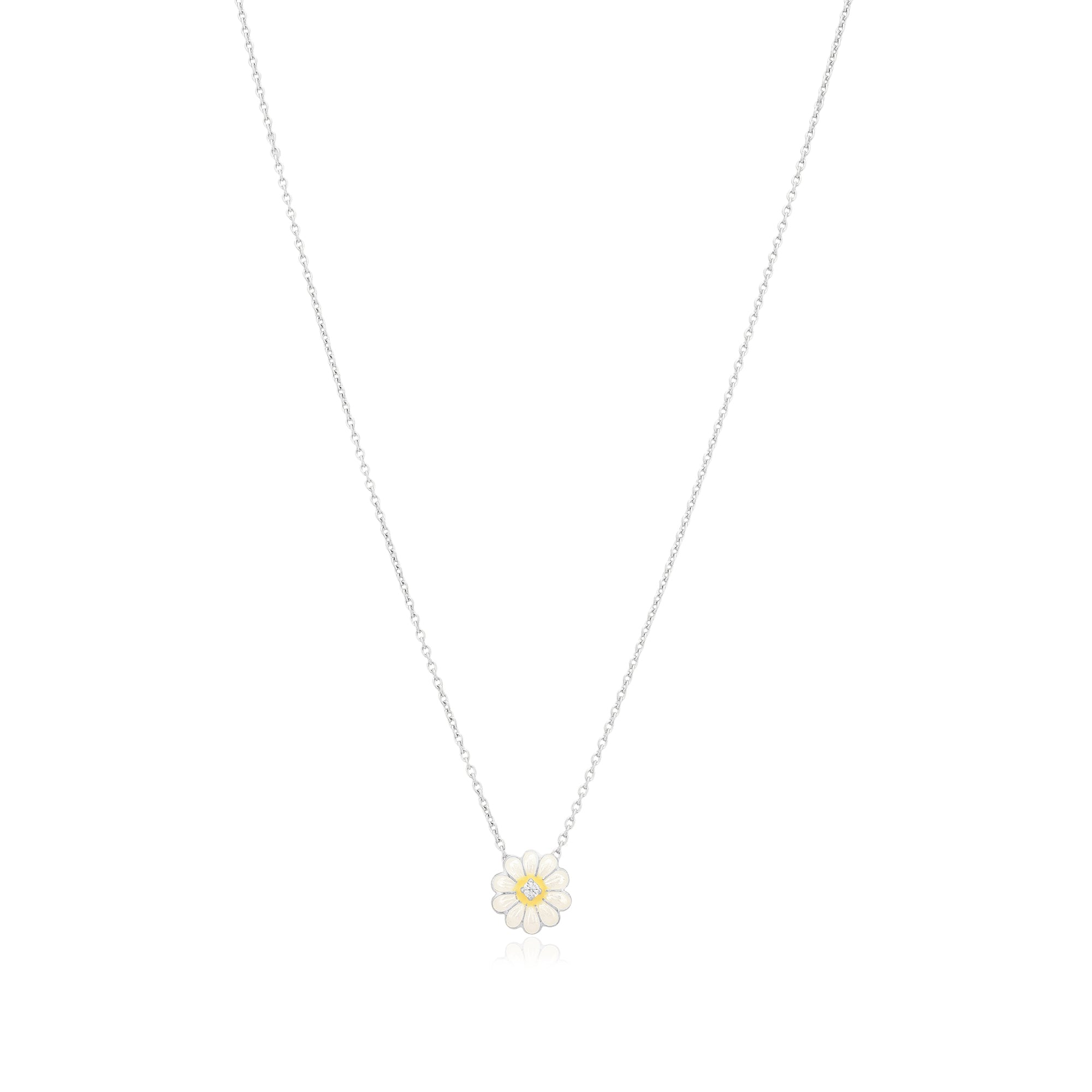 Solitary White Daisy Rhodium Plated Chain Pendants