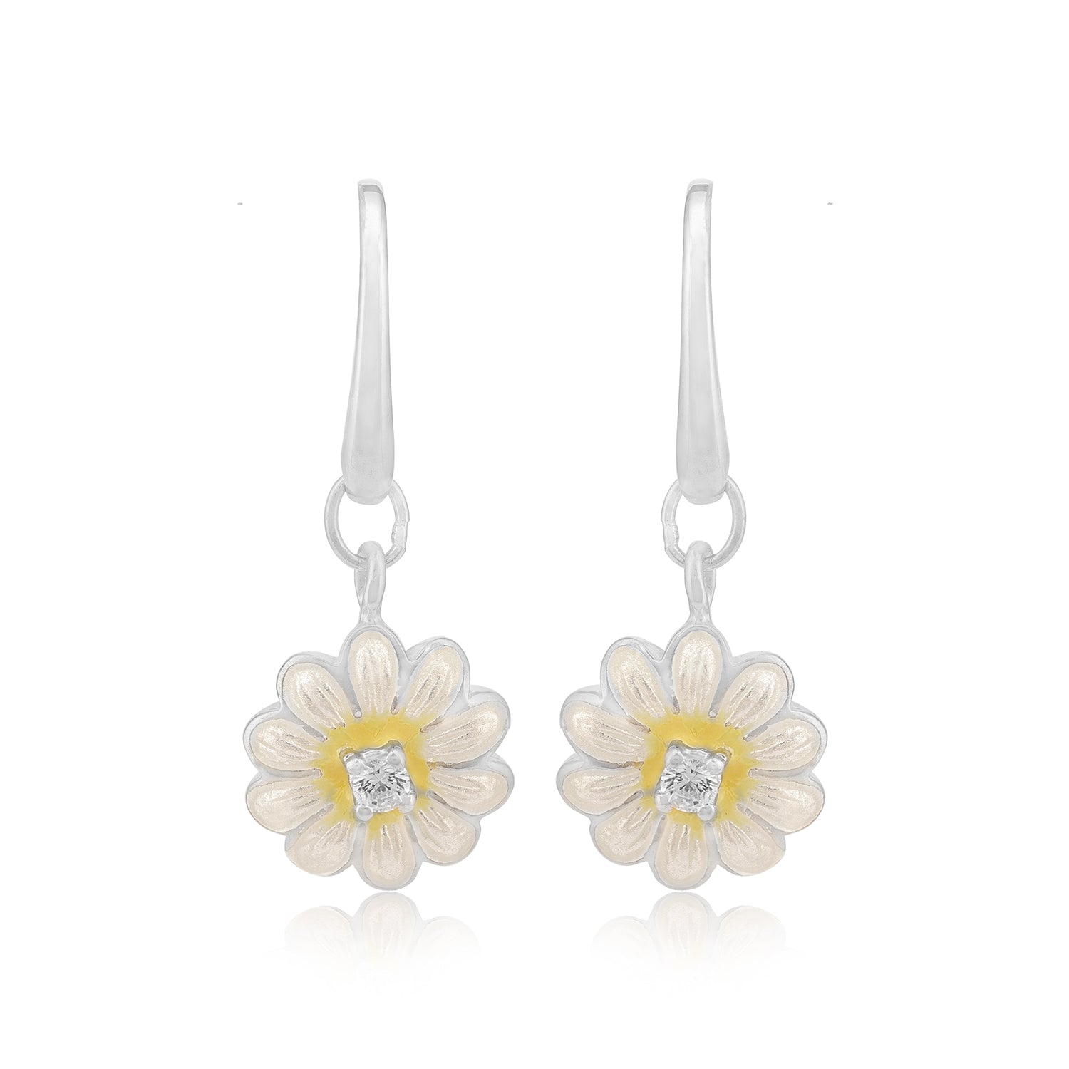 Solitary White Daisy Rhodium Plated Hook Earrings