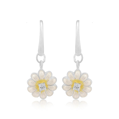 Solitary White Daisy Rhodium Plated Hook Earrings