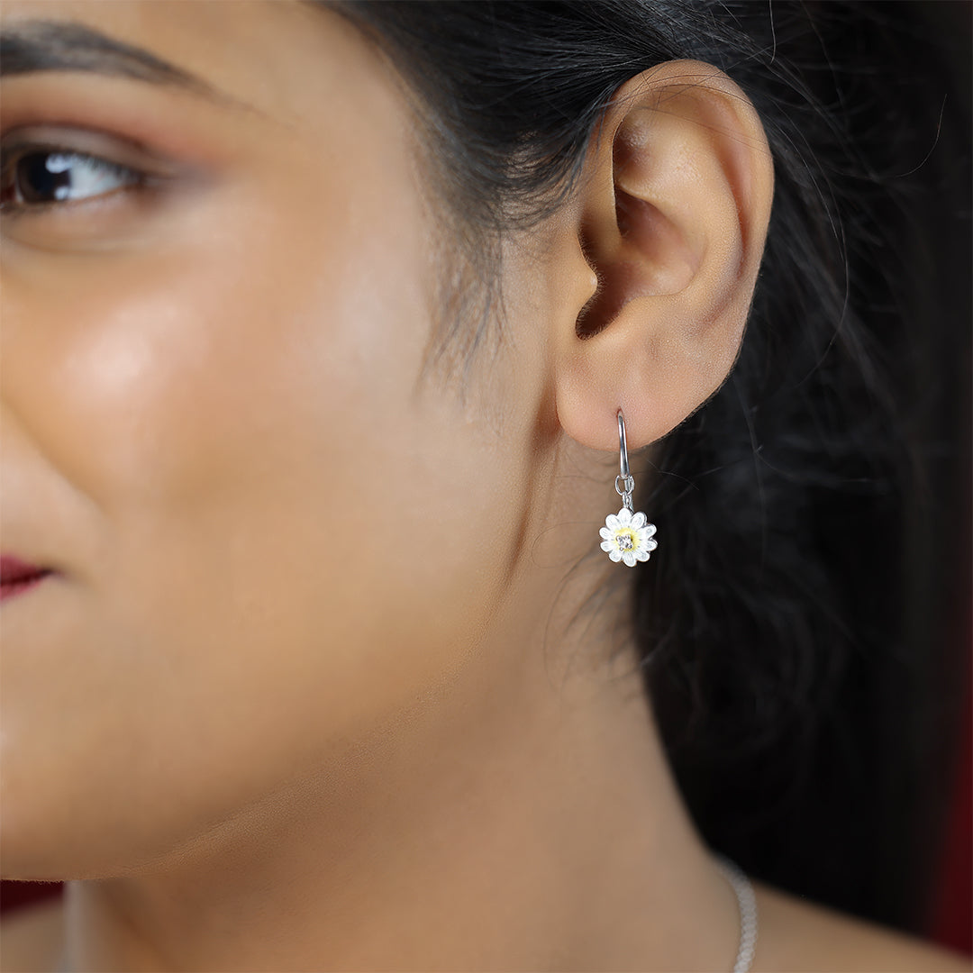 Solitary White Daisy Rhodium Plated Hook Earrings