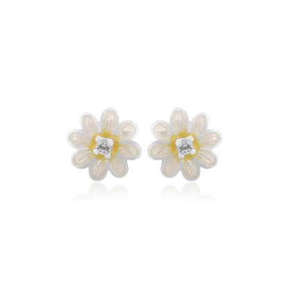 Solitary White Daisy Rhodium Plated Studs