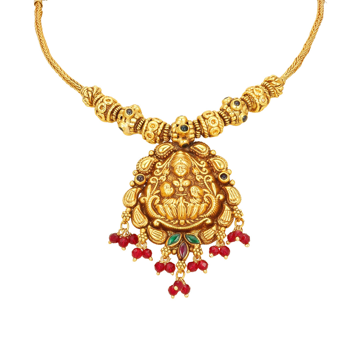 South Indian Gaja Lakshmi Seated on Lotus Gold Plated 925 Sterling Silver Red Bead Drop Attigai for Women