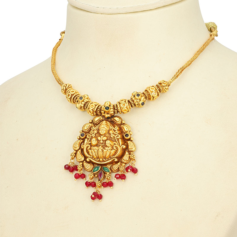 South Indian Gaja Lakshmi Seated on Lotus Gold Plated 925 Sterling Silver Red Bead Drop Attigai for Women