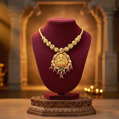 South Indian Gaja Lakshmi Seated on Lotus Gold Plated 925 Sterling Silver Red Bead Drop Attigai for Women