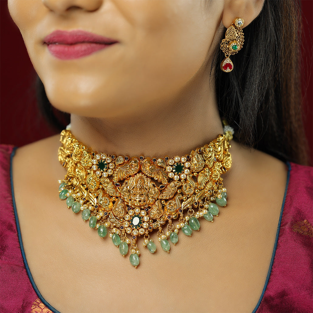 Sovereign Lakshmi 925 Regal Green Beads Drops Choker