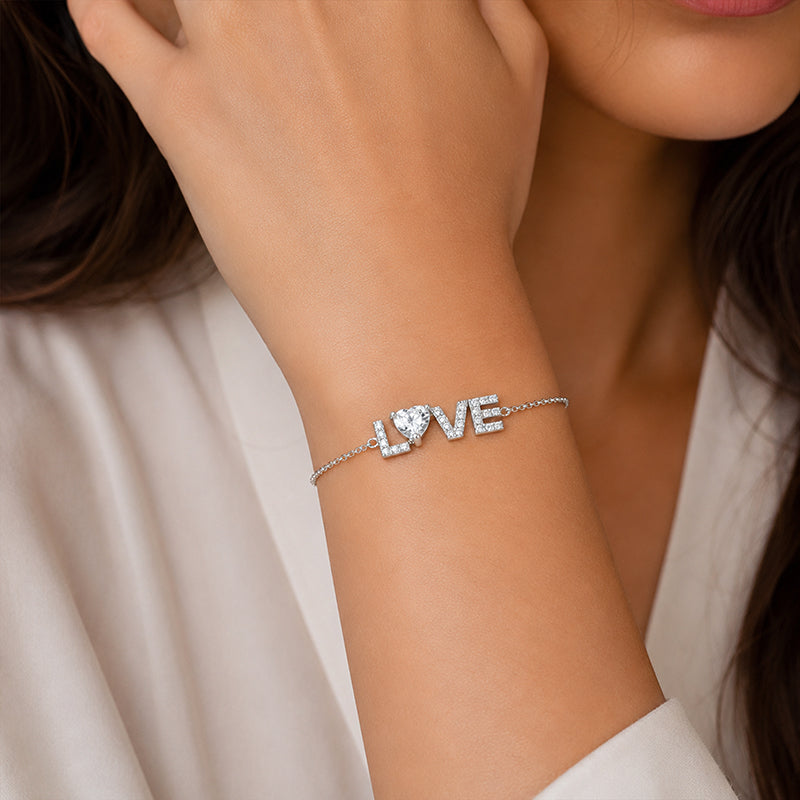 Sparkling LOVE Crystal Heart Silver Chain Bracelet