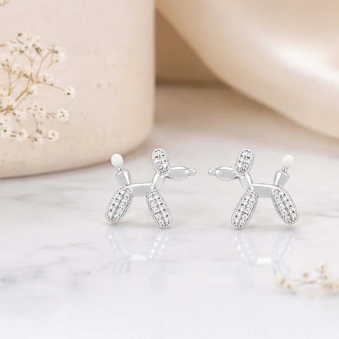 Sparkling Balloon Dog 925 Sterling Silver Stud Earrings