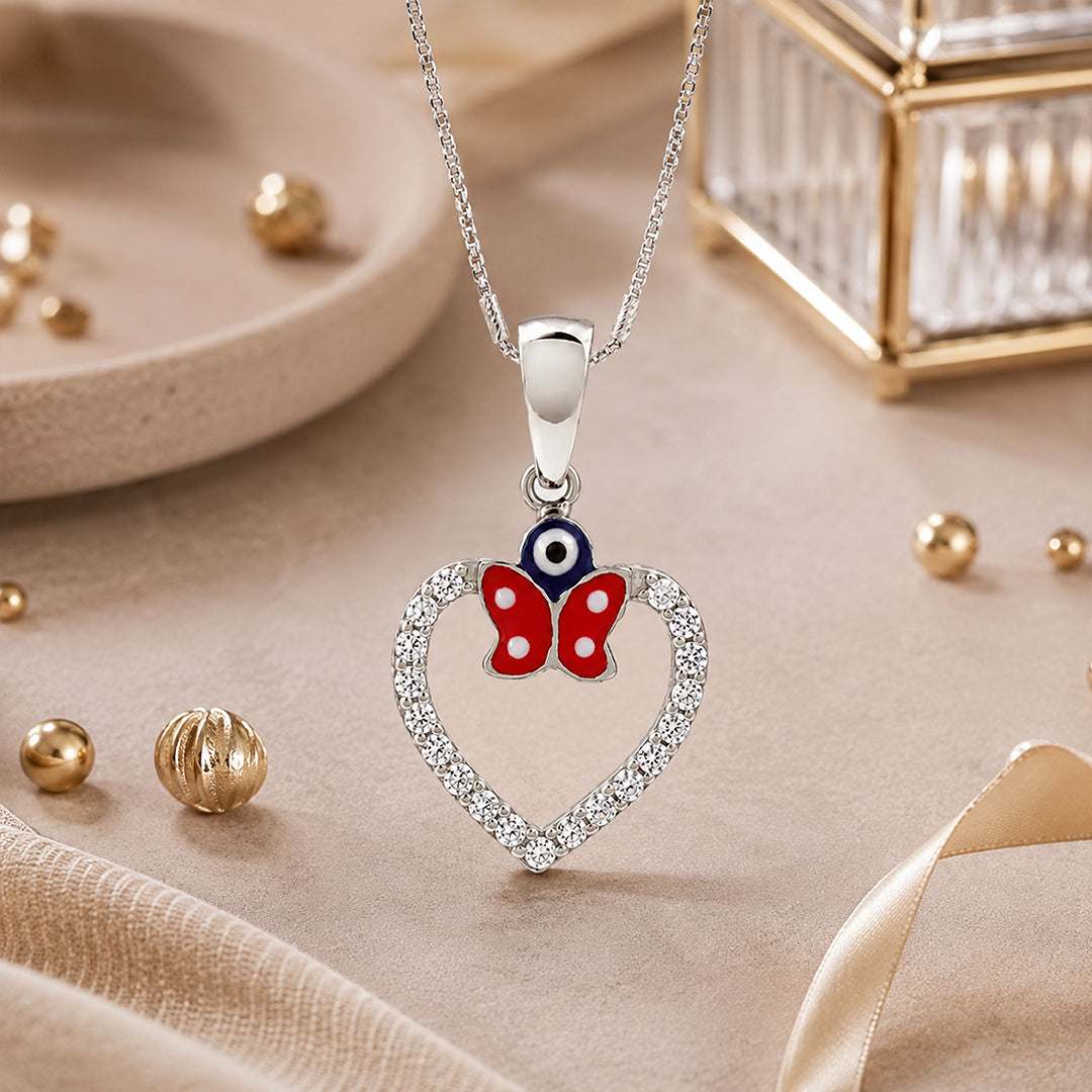 Sparkling Evil Eye Butterfly Heart Pendant 925 Sterling Silver Pendant for Women