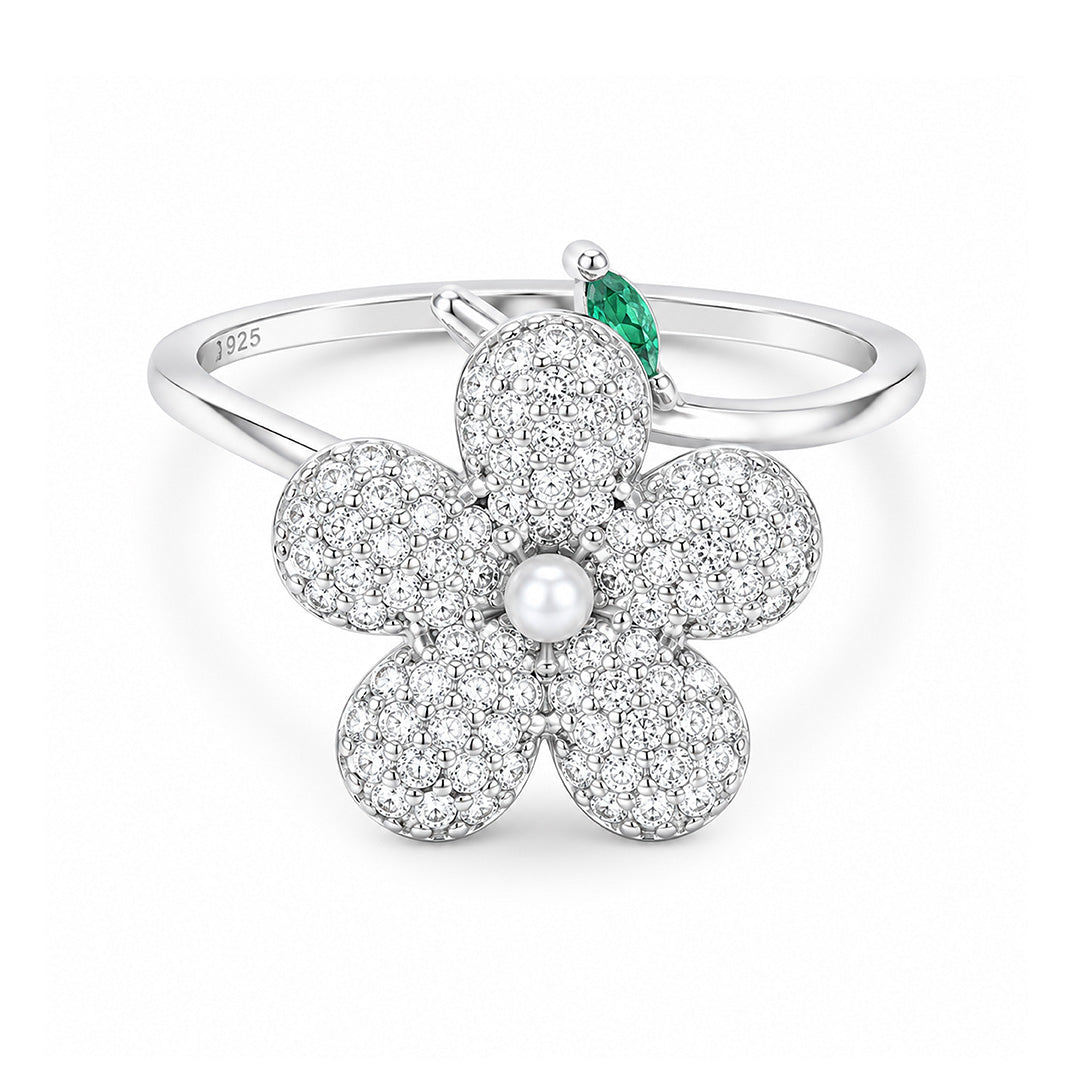 Sparkling Flower Silver Ring Emerald Leaf