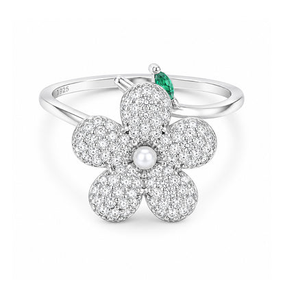 Sparkling Flower Silver Ring Emerald Leaf