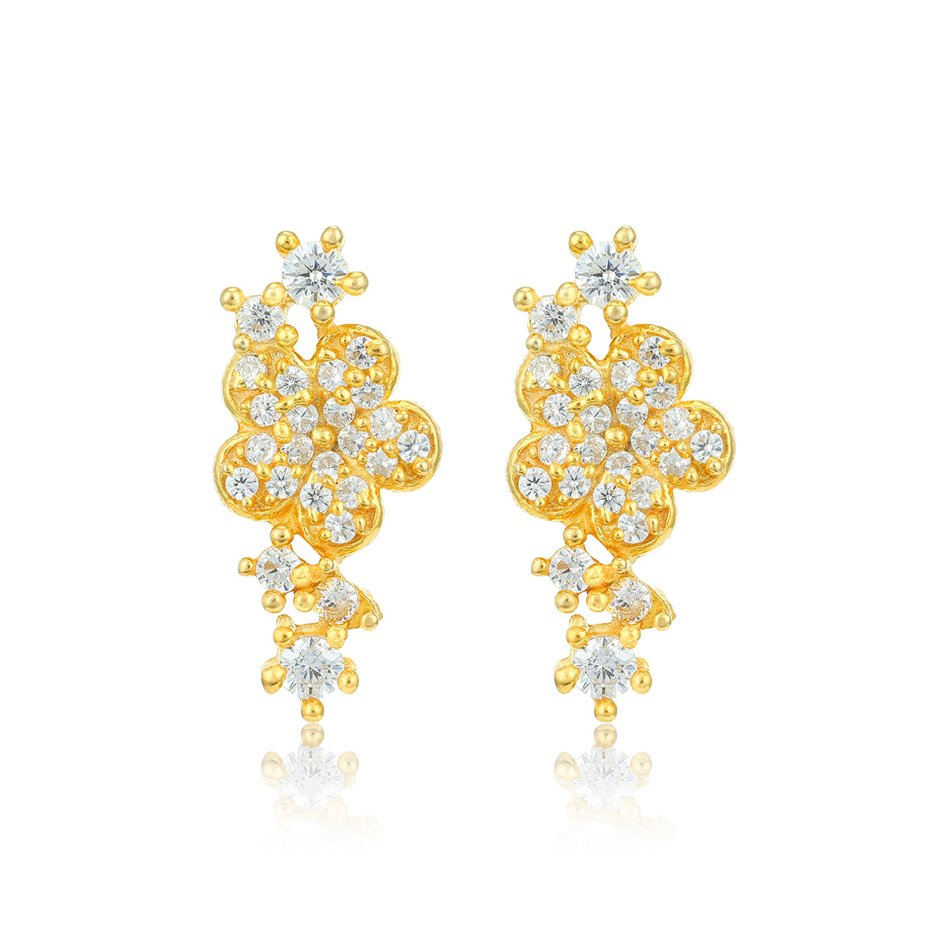 Gold floral earrings with clear gemstones on a white background