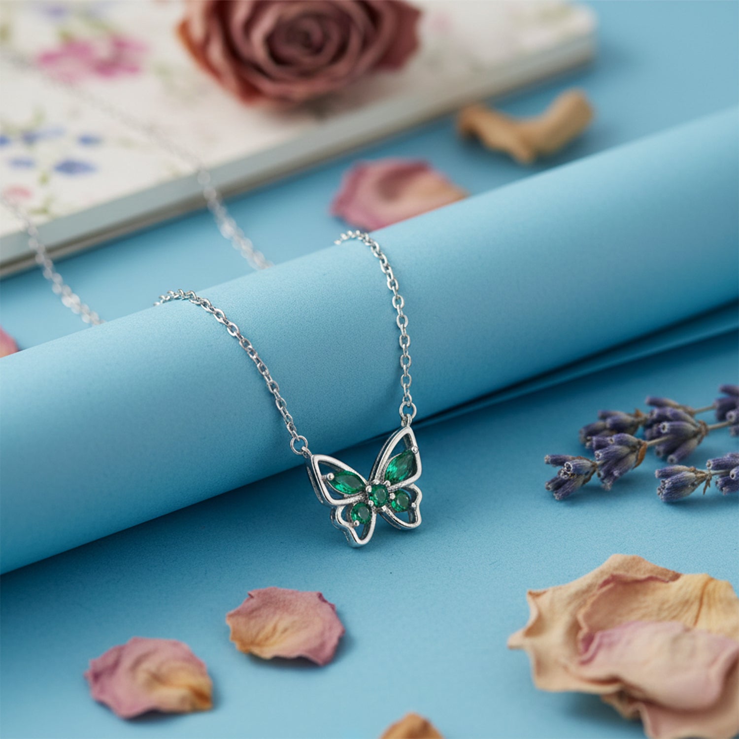 Sparkling Green Butterfly 925 Sterling Silver Chain Pendant for women