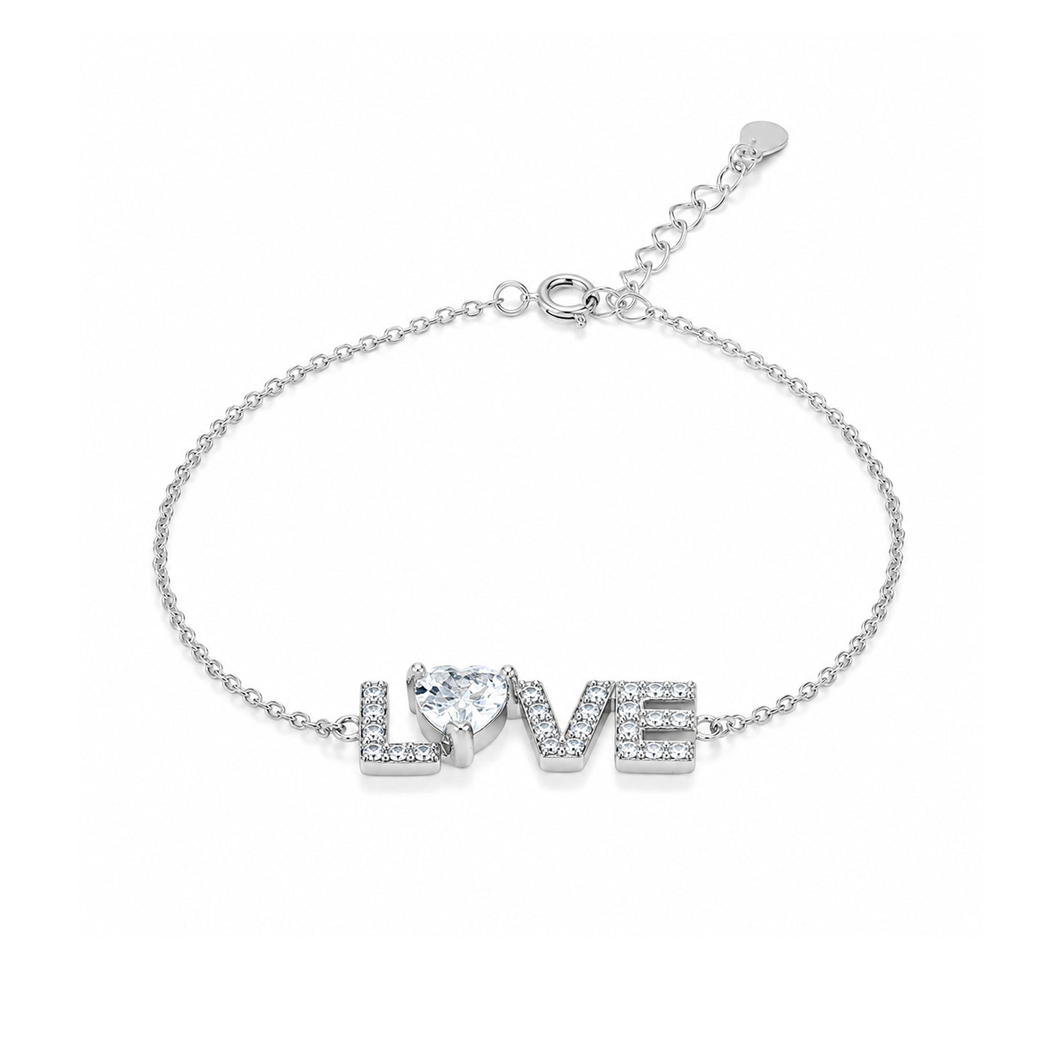 Sparkling LOVE Crystal Heart Silver Chain Bracelet