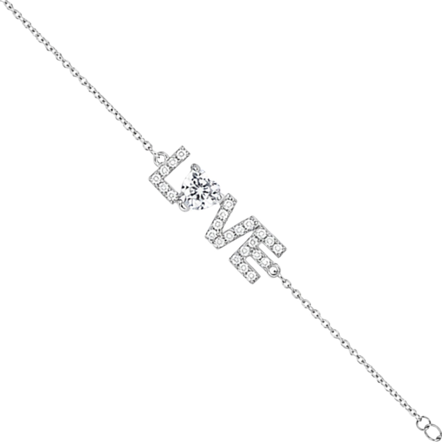 Sparkling LOVE Crystal Heart Silver Chain Bracelet