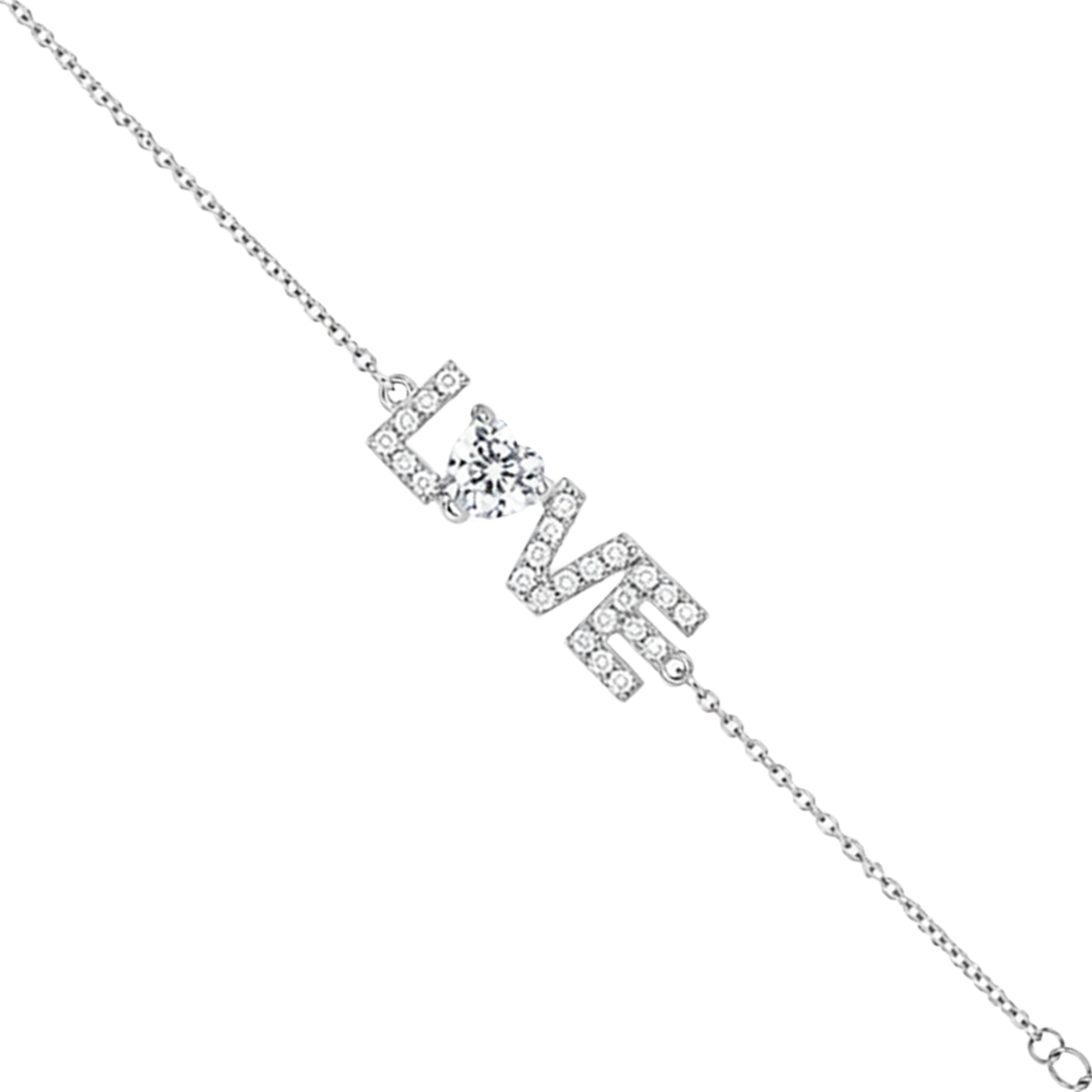 Sparkling LOVE Crystal Heart Silver Chain Bracelet