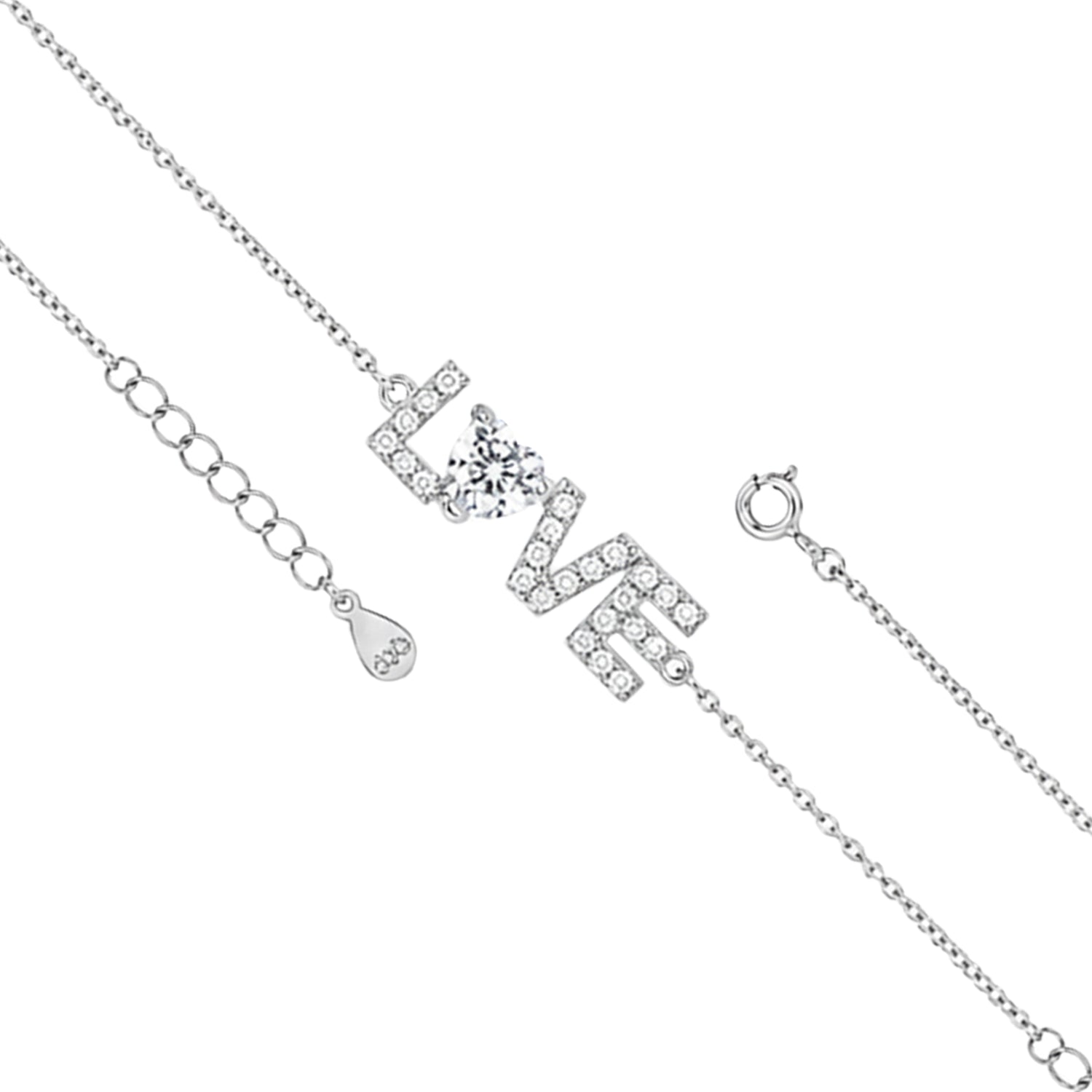 Sparkling LOVE Crystal Heart Silver Chain Bracelet
