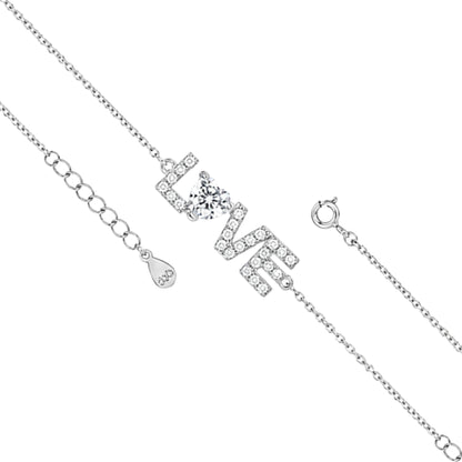 Sparkling LOVE Crystal Heart Silver Chain Bracelet