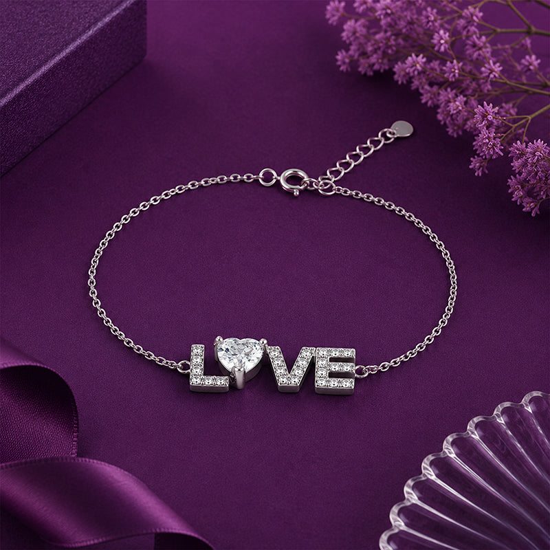 Sparkling LOVE Crystal Heart Silver Chain Bracelet
