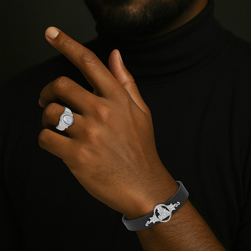 Spiritual 925 Silver Sai Baba Framed Black Strap Bracelet for Men