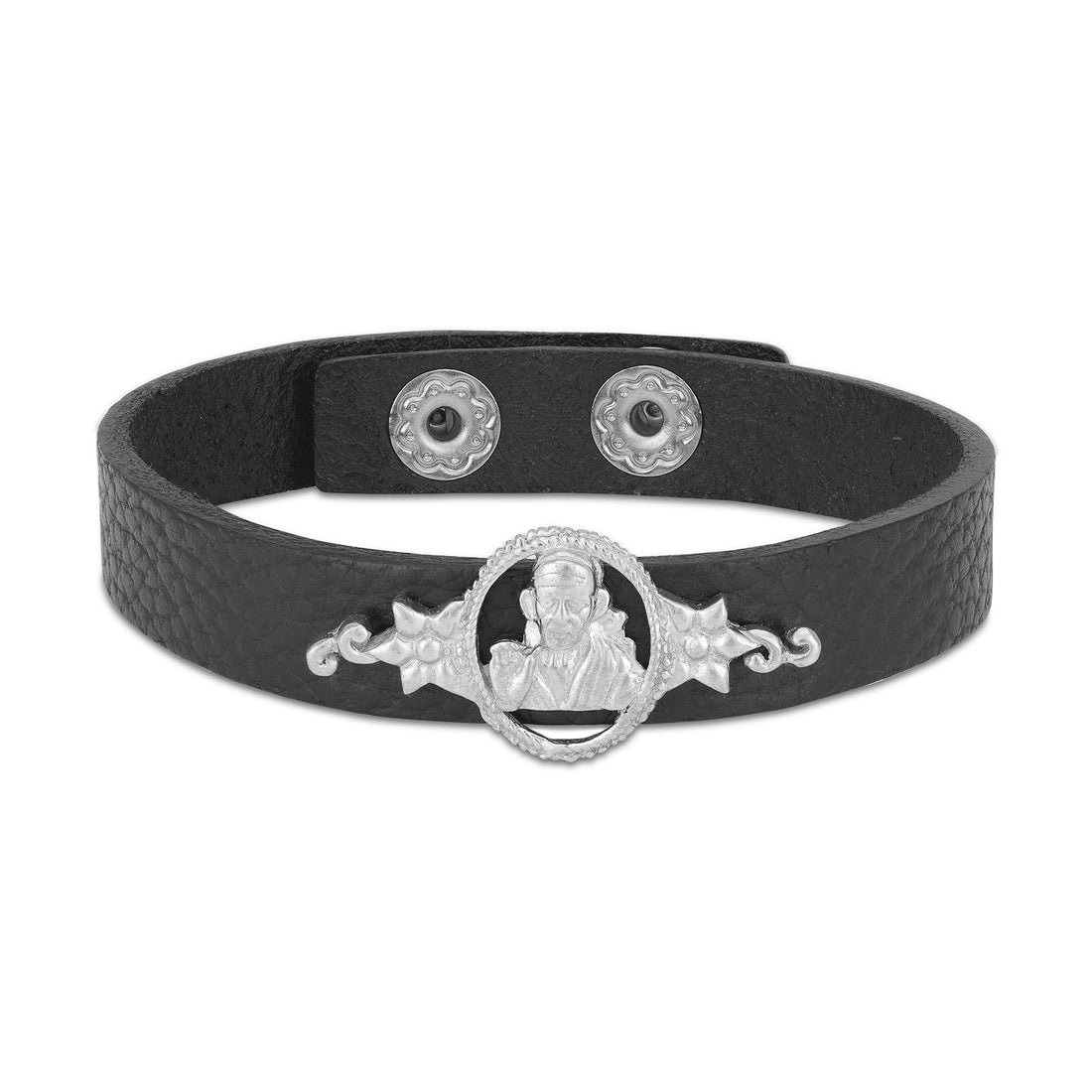 Spiritual 925 Silver Sai Baba Framed Black Strap Bracelet for Men