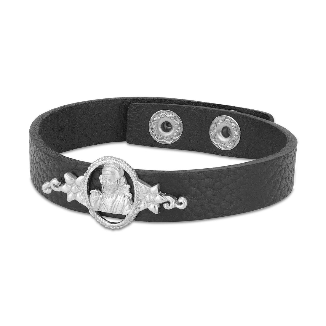 Spiritual 925 Silver Sai Baba Framed Black Strap Bracelet for Men